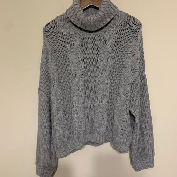 Gray Chunky Cable Fisherman Turtleneck Sweater Size Large Oversized - Picture 1 of 7